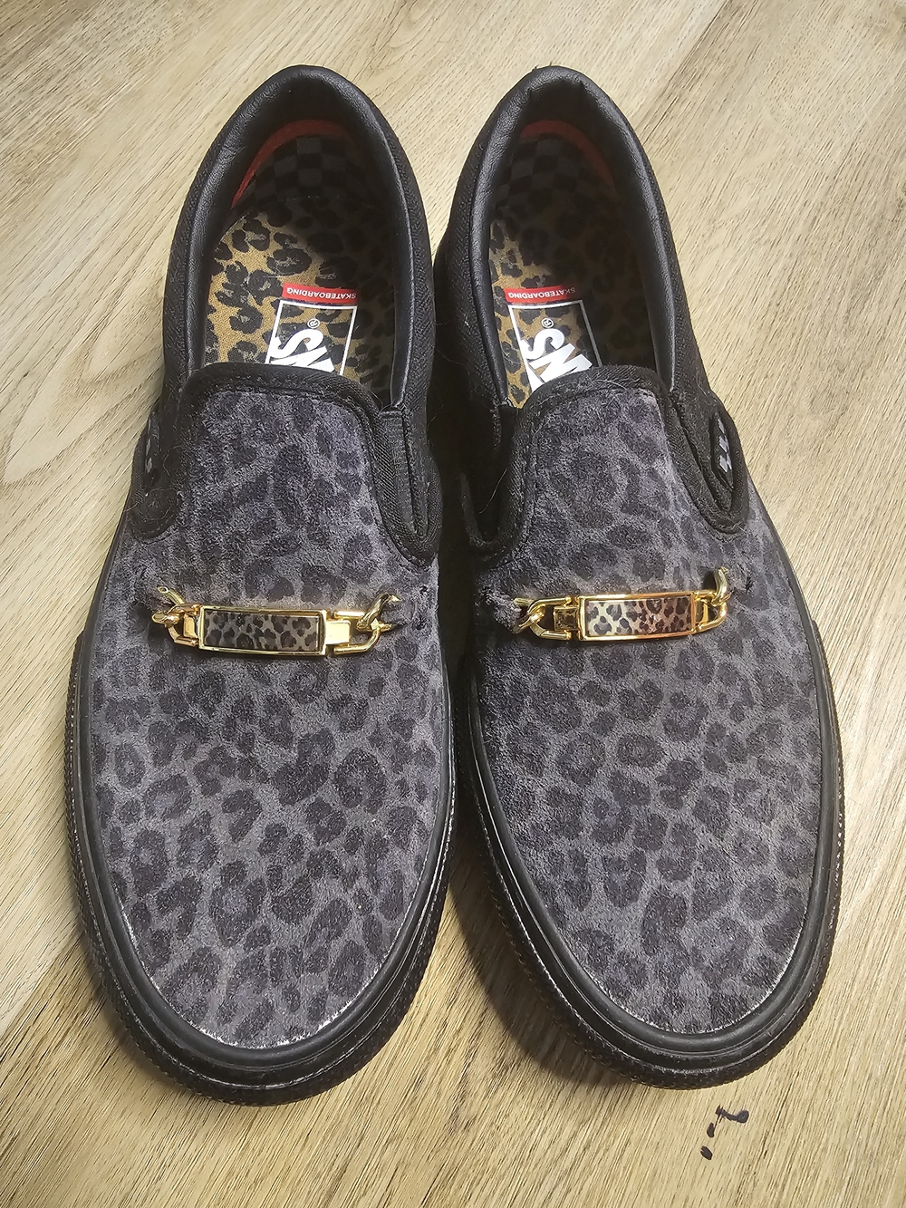 Vans Men’s Gray Leopard Slip-On Loafers with Gold Accent